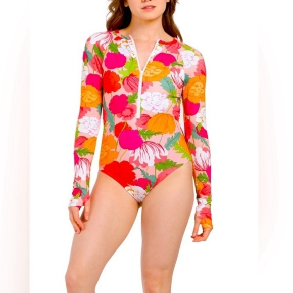 Trina Turk Sunny Bloom Long Skeeve Paddle Swinsuit Rash Guard - Picture 4 of 9
